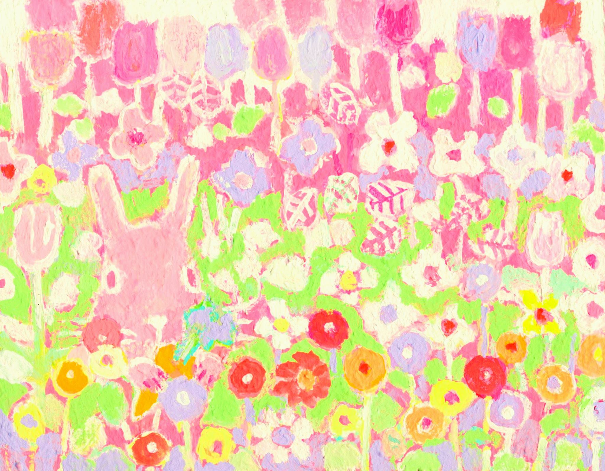 ウサギとお花畑の絵